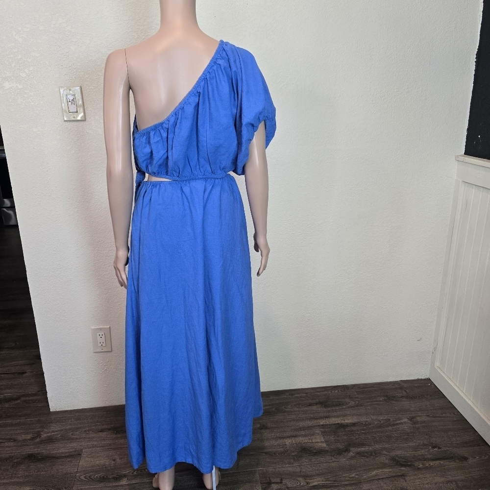 Farm Rio Copacabana Women's Blue Tie Knot One Shoulder Cutout Midi Dress Size M - Picture 8 of 16